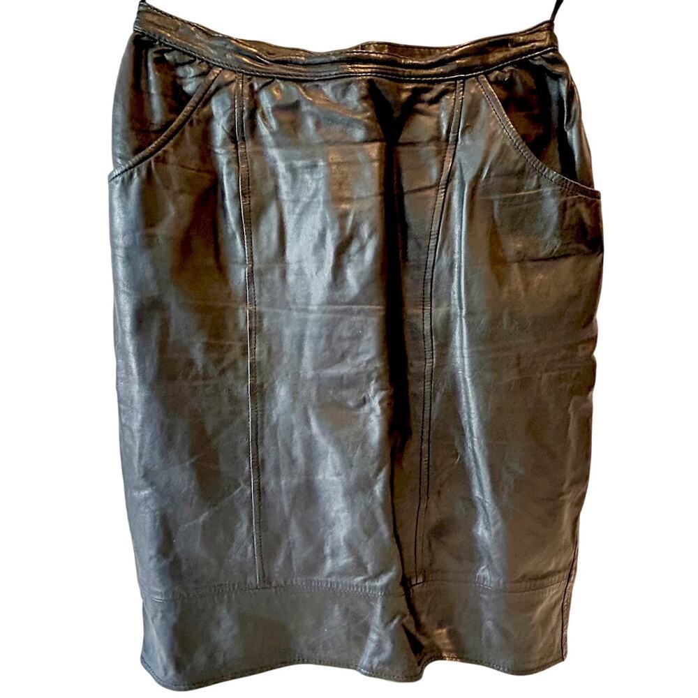 80s Vintage Genuine Black Leather Sexy Vixen knee Length Skirt Size 8 - Picture 4 of 9